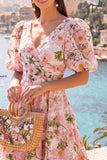 A Line Blue Floral Wedding Guest Dress With Puff Sleeves
