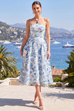Strapless Blue Print A Line Corset Wedding Guest Dress