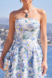 Strapless Blue Print A Line Corset Wedding Guest Dress