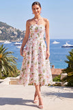 Strapless Blue Print A Line Corset Wedding Guest Dress