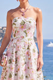 Strapless Blue Print A Line Corset Wedding Guest Dress