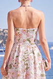 Strapless Blue Print A Line Corset Wedding Guest Dress