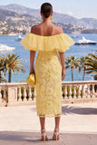 Yellow Bodycon Off the Shoulder Floral Ruffled Wedding Guest Dress
