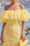 Yellow Bodycon Off the Shoulder Floral Ruffled Wedding Guest Dress