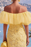 Yellow Bodycon Off the Shoulder Floral Ruffled Wedding Guest Dress