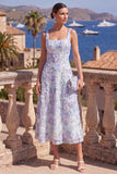 Square Neck Green Floral A Line Beaded Wedding Guest Dress