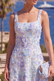 Square Neck Green Floral A Line Beaded Wedding Guest Dress