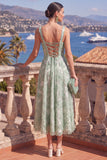 Square Neck Green Floral A Line Beaded Wedding Guest Dress