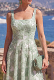 Square Neck Green Floral A Line Beaded Wedding Guest Dress