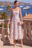 Square Neck Green Floral A Line Beaded Wedding Guest Dress