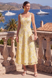 Square Neck Green Floral A Line Beaded Wedding Guest Dress