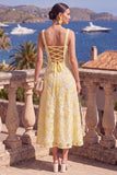 Square Neck Green Floral A Line Beaded Wedding Guest Dress