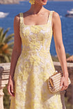 Square Neck Green Floral A Line Beaded Wedding Guest Dress
