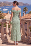 Off the Shoulder Floral Mermaid Sage Green Wedding Guest Dress With Beading