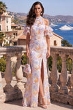 Blue Purple Halter Floral Mermaid Ruffled Wedding Guest Dress