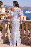 Blue Purple Halter Floral Mermaid Ruffled Wedding Guest Dress