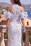 Blue Purple Halter Floral Mermaid Ruffled Wedding Guest Dress