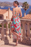 Green Red Floral Pleated Sheath Wedding Guest Dress