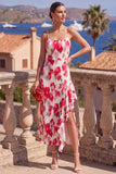 Green Red Floral Pleated Sheath Wedding Guest Dress