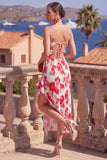 Green Red Floral Pleated Sheath Wedding Guest Dress
