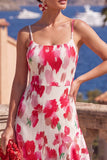 Green Red Floral Pleated Sheath Wedding Guest Dress