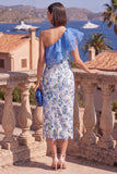One Shoulder Floral Bodycon Blue Ruffled Wedding Guest Dress With Slit