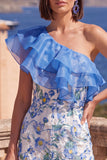 One Shoulder Floral Bodycon Blue Ruffled Wedding Guest Dress With Slit