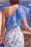 One Shoulder Floral Bodycon Blue Ruffled Wedding Guest Dress With Slit