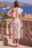 One Shoulder Floral Bodycon Blue Ruffled Wedding Guest Dress With Slit