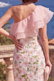 One Shoulder Floral Bodycon Blue Ruffled Wedding Guest Dress With Slit