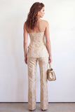 Strapless Golden Jacquard 2 Piece Slim Fit Women Suits