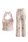 Halter Golden Floral 2 Piece Slim Fit Women Suits