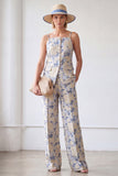 Spaghetti Straps Jacquard 2 Piece Blue Floral Women's Suits