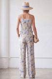 Spaghetti Straps Jacquard 2 Piece Blue Floral Women's Suits