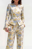 Round Neck Brocade Yellow Floral 2 Piece Women Suits