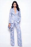 Notched Lapel 2 Piece Blue Floral Single Buckle Women's Suits