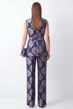 Shawl Lapel 2 Piece Navy Floral Sleeveless Women's Suits with Belt