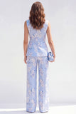 Blue Floral Shawl Lapel 2 Piece Sleeveless Women's Suits