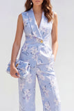 Blue Floral Shawl Lapel 2 Piece Sleeveless Women's Suits