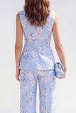 Blue Floral Shawl Lapel 2 Piece Sleeveless Women's Suits