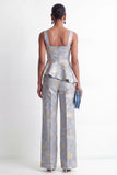 Square Neck Grey Blue Floral 2 Piece Women's Suits