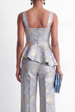 Square Neck Grey Blue Floral 2 Piece Women's Suits