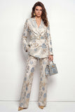 Grey Blue Floral Double Breasted 2 Piece Peak Lapel Satin Women Suits with Belt