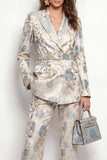 Grey Blue Floral Double Breasted 2 Piece Peak Lapel Satin Women Suits with Belt
