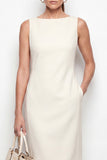 Ivory Bodycon Bateau Neck Midi Work Dress with Slit