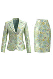 Yellow Flower Single Breasted Jacquard 2 Piece Peak Lapel Work Dress