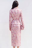 Pink Fuchsia 2 Piece Floral Satin Peak Lapel Midi Dress with Slit
