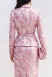 Pink Fuchsia 2 Piece Floral Satin Peak Lapel Midi Dress with Slit