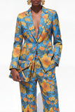 Blue Floral Notched Lapel 2 Piece One Button Women Suits