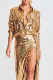 Sparkly 2-Piece Golden Women's Suits with Slit